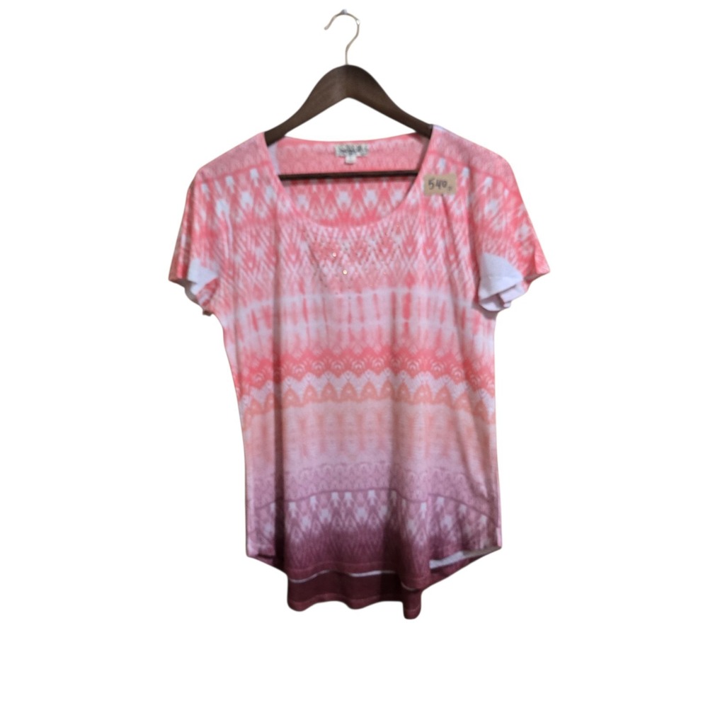 One World T Shirt Size SM Pink and‎ Plum V Neck NWOT Short Sleeve Casual Spring